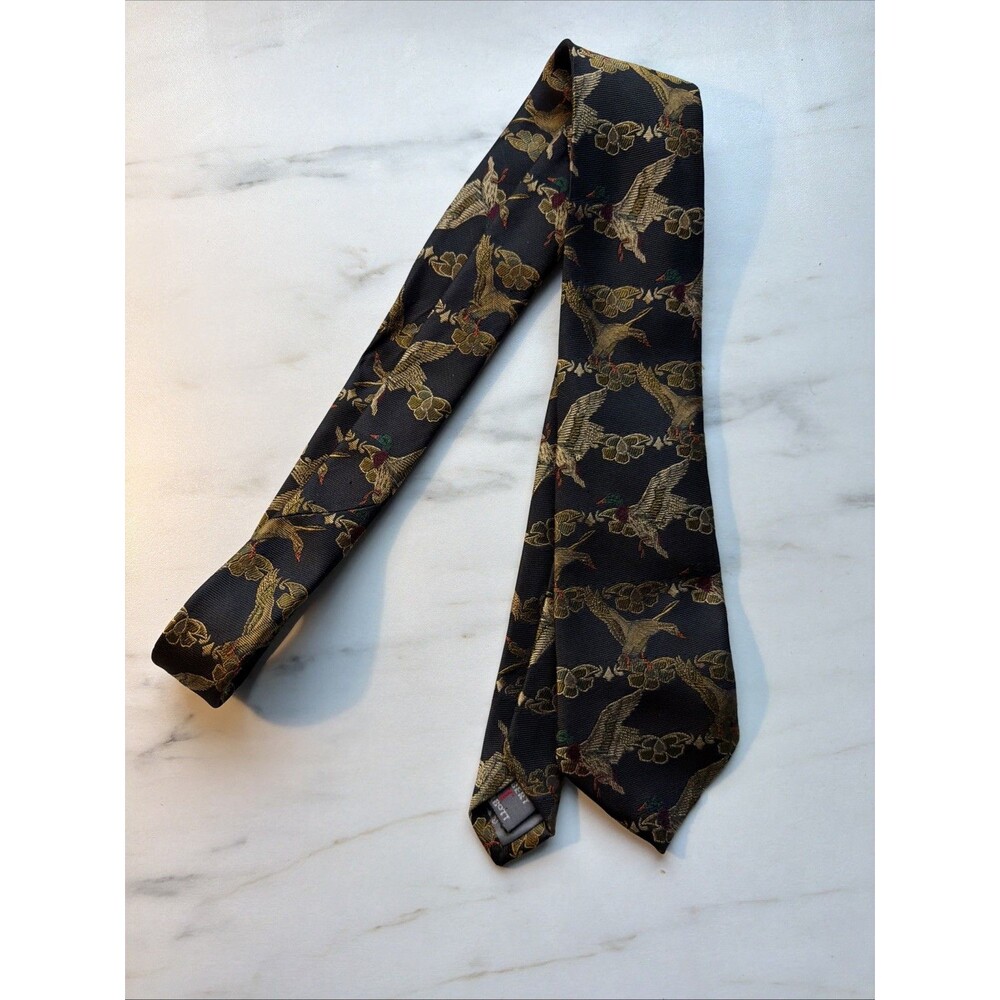 Robert Talbott Vintage English Silk Mallard Ducks Black Brown USA Hand Sewn